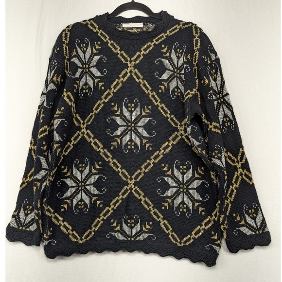 Dana Scott Sweaters - Dana Scott Sweater Large Black Gold Silver Fair Isle Snowflake Holiday Pullover
